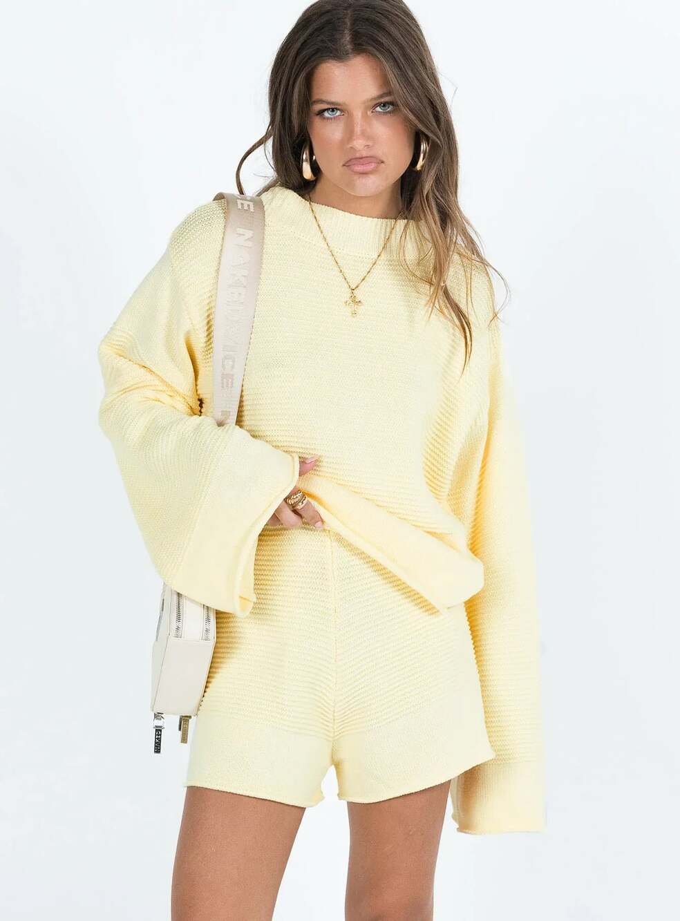 NWT Princess Polly Pastel Yellow Knit Lounge Set Sweater Shorts Women L/XL Two P